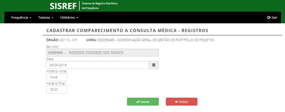 Após clicar em adicionar o sistema abre uma tela, onde se deve preencher a data, o horário inicial e final: Como exemplo estamos informando que o servidor no dia 05.04.