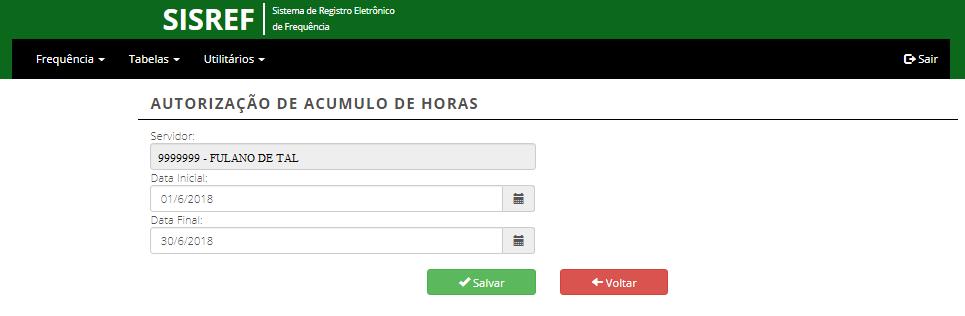 Para definir o período do para banco de horas do servidor, a chefia deve clicar em Ações, então o sistema abrirá uma tela de Autorização de Acumulo de Horas, com o nome do