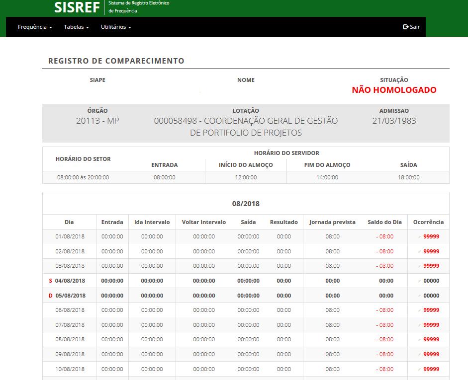 Então o sistema abrirá a consulta do registro de comparecimento do corrente mês, conforme demonstração abaixo. 3.7.2.