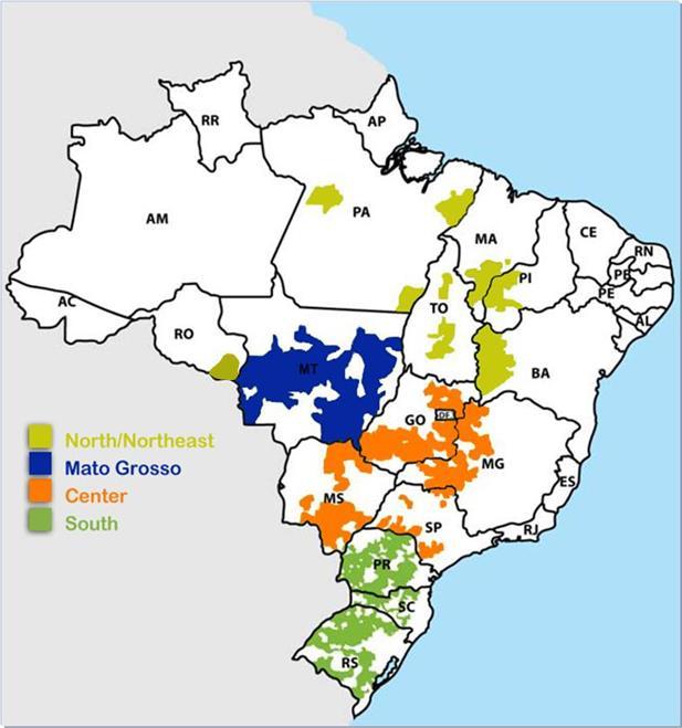 Fonte: CONAB A Produção Cada Vez Mais Distante dos Portos e Centros Consumidores Conforme tabela abaixo, Mato Grosso + os estados do Nordeste e Norte hoje representam em torno de 39% da produção de