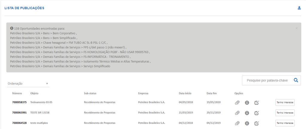 I. Oportunidades Na Lista de Publicações verifique as informações disponíveis para cada oportunidade.