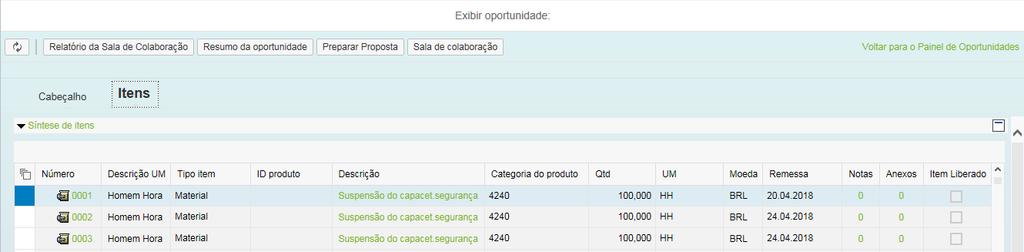 I. Oportunidades Visualizando Itens da Oportunidade 1. Clique no número ou na descrição do item e visualize informações específicas para cada item; 2.