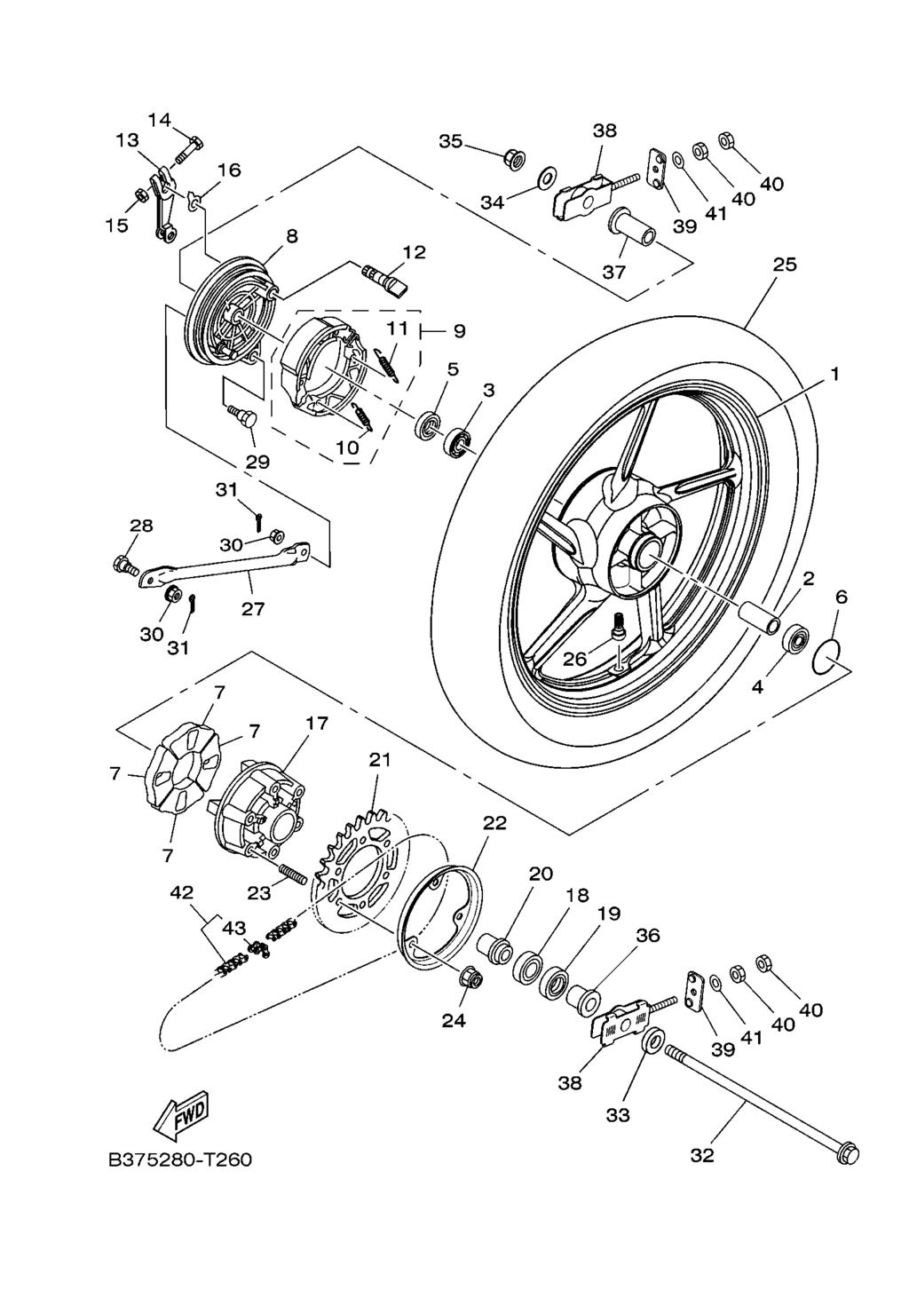 FIG. 26 RODA TRASEIRA 1 28 90109 08804 PARAFUSO 1 29 90109 08063 PARAFUSO 1 30 95702 08500 PORCA FLANGE 2 31 91401 20012 CONTRAPINO 2 32 1ST F5381 00 EIXO DA RODA 1 33 90201 15026 ARRUELA PLANA 1 34