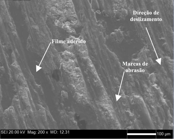 (a) (b) Figura 7: Trilha de desgaste após 1968 m percorridos no ensaio pino-no-disco: (a) Amostra A3; (b) Amostra SP4.