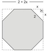 QUESTÃO 0 QUESTÃO 3 Cálculo da área do octógono regular: x + x =. x = x = Portanto, a área A1 do octógono regular será dada por: A 1 = A quadrado. A triângulo A 1 = ( +. x). x.x A 1 = ( +. ).. = 8.