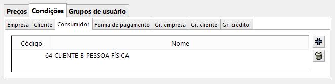 Na aba Cliente, adicionar os clientes que serão vinculados a esta regra, conforme exemplo a seguir: Esta tela possui os botões: Adicionar: permitirá adicionar um dos clientes previamente cadastrados;