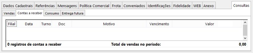 A aba Vendas permitirá consultar as vendas efetuadas pelo cliente, conforme imagem a seguir: Esta aba possui o filtro: Período: informar um intervalo de tempo para limitar a busca conforme necessário.