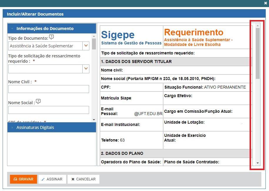 O documento gerado aparecerá à direita, cabendo ao servidor verificar todos os dados, até o