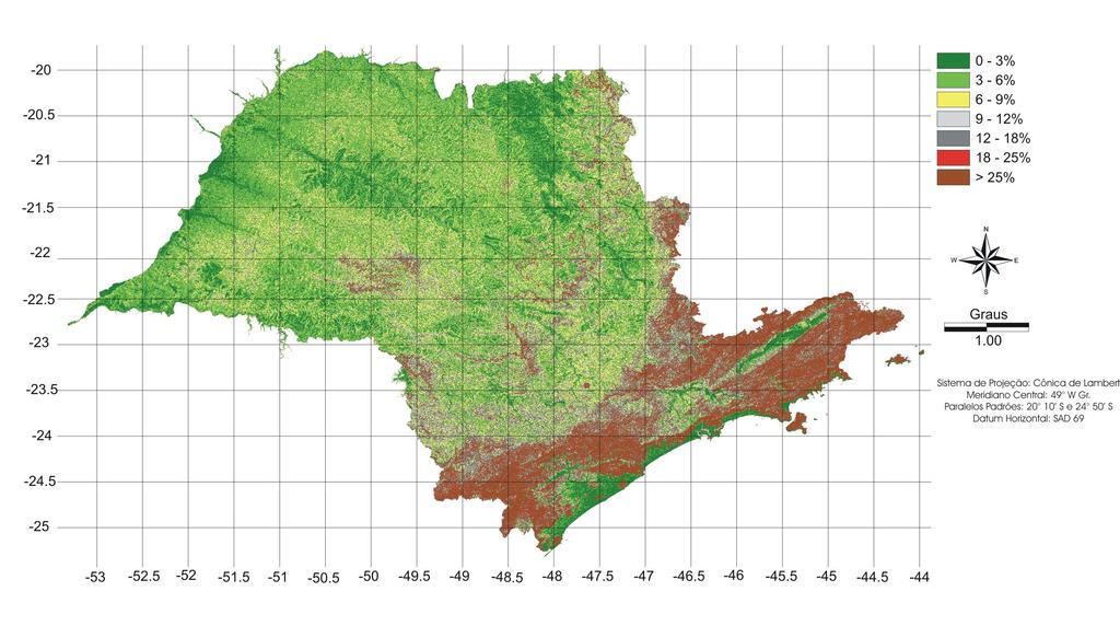 paulista. Os pontos de menores declividade (0-3%) são encontrados em quase todo litoral do estado e nas margens dos rios e represas. FIGURA 1. Mapa de declividade do Estado de São Paulo. A Fig.
