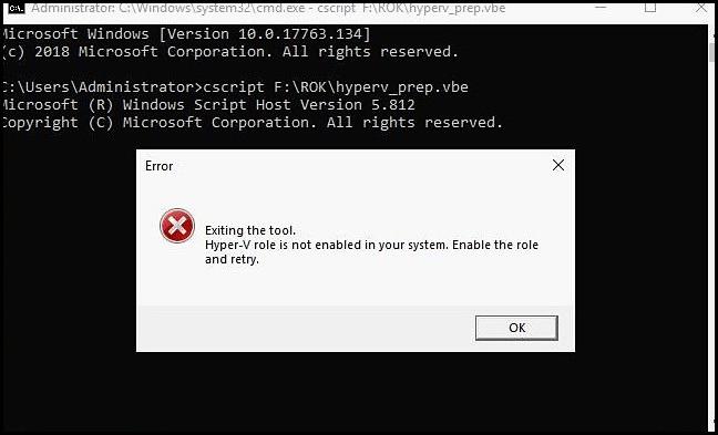 Figura 2. Mensagem de erro Assegure-se de que: O sistema operacional Windows Server ofereça suporte à função Hyper-V. O recurso de tecnologia de virtualização está ativado no BIOS.
