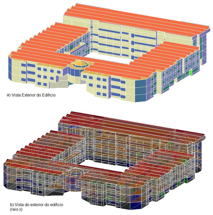 Figura 3.10 - Vista exterior dos edifícios FCT e Medicina; a) vista compacta b)vista raio x Com a figura 3.