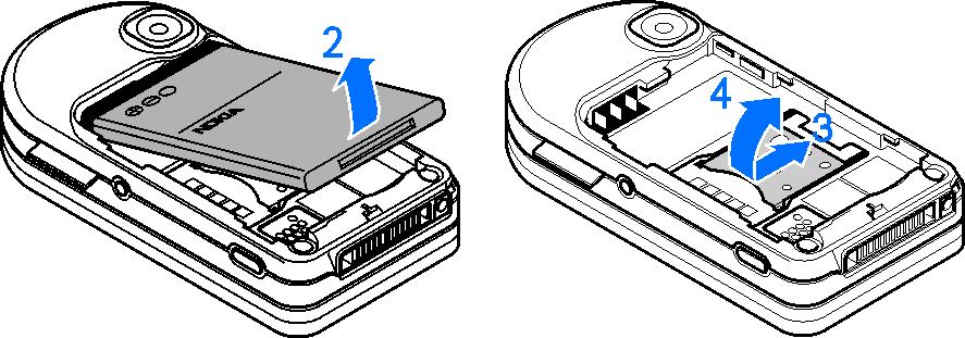 Retire a bateria conforme indicado (2). Faça deslizar (3) e abra (4) o suporte do cartão SIM. Introduza o cartão SIM correctamente no suporte (5).