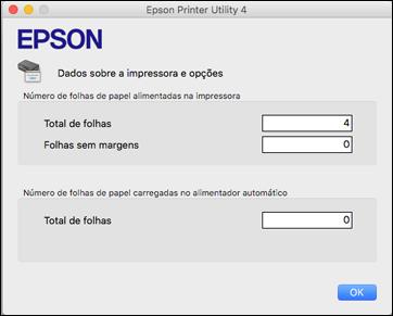 5. Depois de checar o número de folhas carregadas na impressora, clique em OK para fechar a janela. Observação: O número de folhas é exibido somente quando o Epson Status Monitor 3 está ativado.