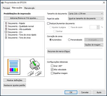 Seleção das opções de leiaute e impressão - Windows Você pode selecionar uma variedade de opções adicionais de leiaute e impressão para seus documentos ou fotos na guia Mais opções. 1.