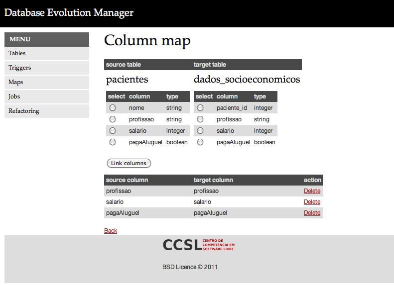 4.6 Protótipo: Database Evolution Manager (DEM) 79 4.6.2 Página Maps Antes de executar o processo de replicação é necessário criar um mapeamento das tabelas origem e destino. A Figura 4.