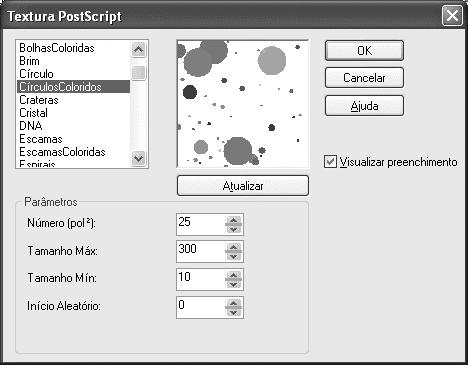- A caixa de diálogo Textura PostScript, permite configurar um tipo de textura desenvolvida com o uso da linguagem PostScript, mas o CorelDRAW realiza a conversão deste tipo de textura possibilitando