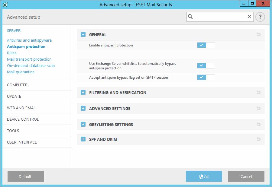 3.1.2 Antispam Protection Dentro da opção Antispam protection do ESET Mail Security for Microsoft Exchange Server encontramos as opções: General Dentro da opção General, podemos activar ou desactivar