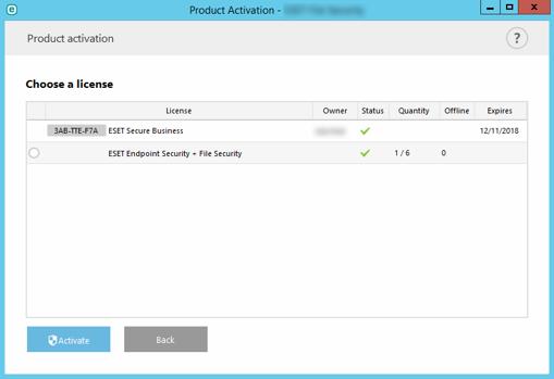 As imagens seguintes ilustram o processo de activação com as credenciais de Security Admin para o produto ESET Mail Security for Microsoft Exchange Server: Na opção de