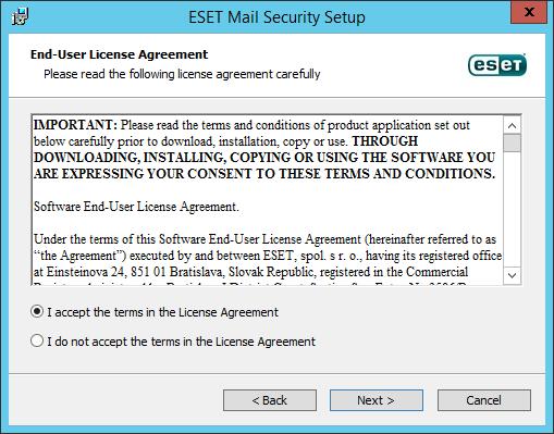 Instalação de ESET Mail Security for Microsoft Exchange Server Na janela seguinte