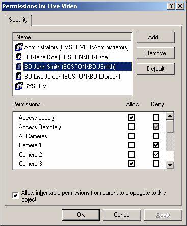 Gerenciamento da Segurança avançada do Intellex por meio de configurações de segurança 4 Ou, é possível marcar as caixas à direita das câmeras 1 e 2 na coluna Negar para negar explicitamente o acesso