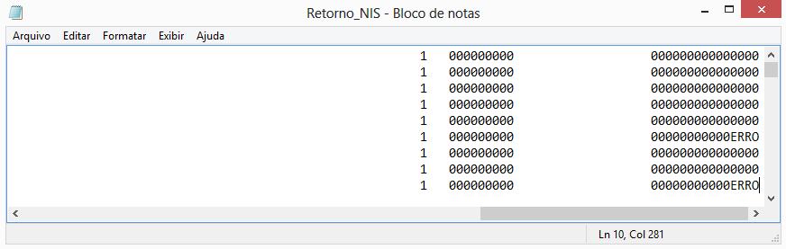 - No arquivo de retorno, os últimos 4 dígitos de cada linha (colunas de 277 a 280) se referem aos erros.