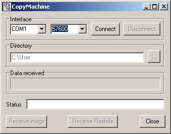 3 CopyMachine Para baixar os dados do aparelho, faça o seguinte: 1. Executar o arquivo MR_CopyMachine.exe. Figura 1: CopyMachine 2. Em Interface, selecionar a interface (COM ou (S)FTP) de seu PC.
