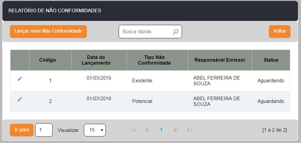 5.3. Não conformidades Esta aplicação destina-se ao registro e gestão de relatórios de não conformidades detectadas efetuar novos