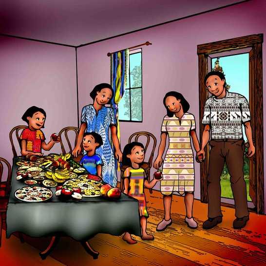 Na outra semana, Anita convidou Simbegwire, com seus primos e sua tia para comerem. Que banquete! Anita preparou todos os pratos favoritos de Simbegwire e todos comeram até ficarem satisfeitos.