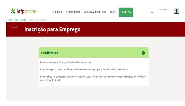 Depois de submeter o seu pedido com sucesso fica registado nos serviços do IEFP e pode