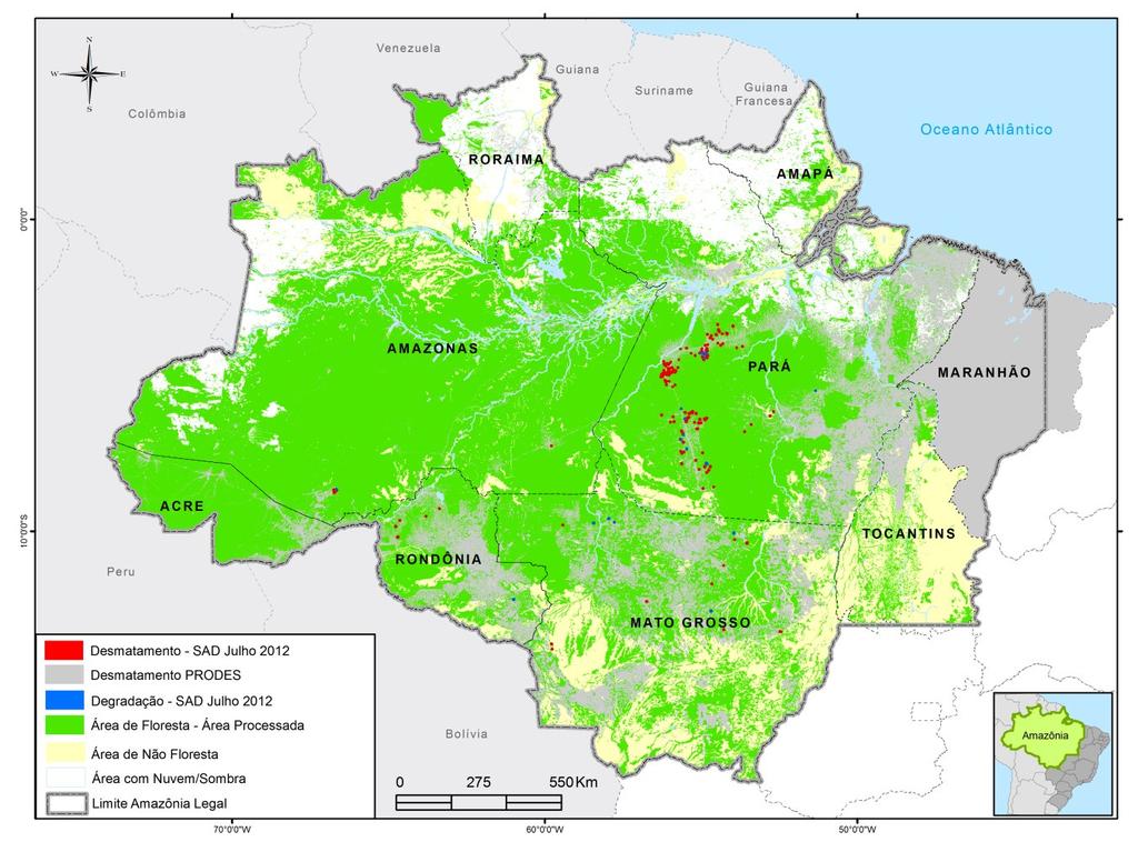 Cobertura de Nuvem e Sombra Em julho de 2012, foi possível monitorar com com maior cobertura de nuvem foram Roraima o SAD 80% da área florestal na. Os (91%), Amapá (77%), Pará (28%) e Amazonas (11%).