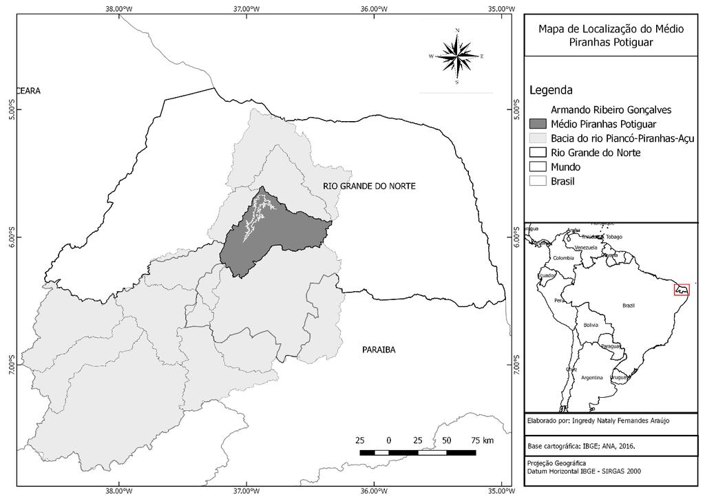 Figura 1 Localização da unidade de planejamento hidrológico Médio Piranhas Potiguar Fonte: ANA, 2016; IBGE, 2018; elaborado por ARAÚJO, I. N. F., 2018. Inserida no semiárido, o tipo climático é o BSh (KOTTEK et al.