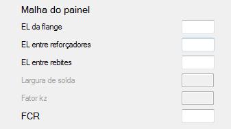 Campo Significado EL da flange Número par de elementos utilizados na flange(inteiro> 0). EL entre reforçadores Número par de elementos utilizados entre reforçadores (inteiro> 0).