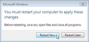 Clique em OK. Será exibida a mensagem "Você deve reiniciar o computador para aplicar estas mudanças", clique em Reiniciar agora.