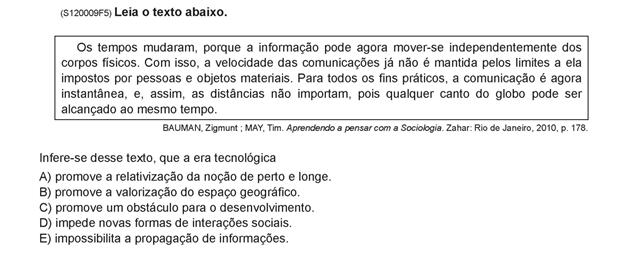 SADEAM 2015 Revista Pedagógica Esse item avalia a compreensão de os estudantes sobre o papel das novas tecnologias, na reconfiguração das noções de tempo e espaço, na sociedade contemporânea.