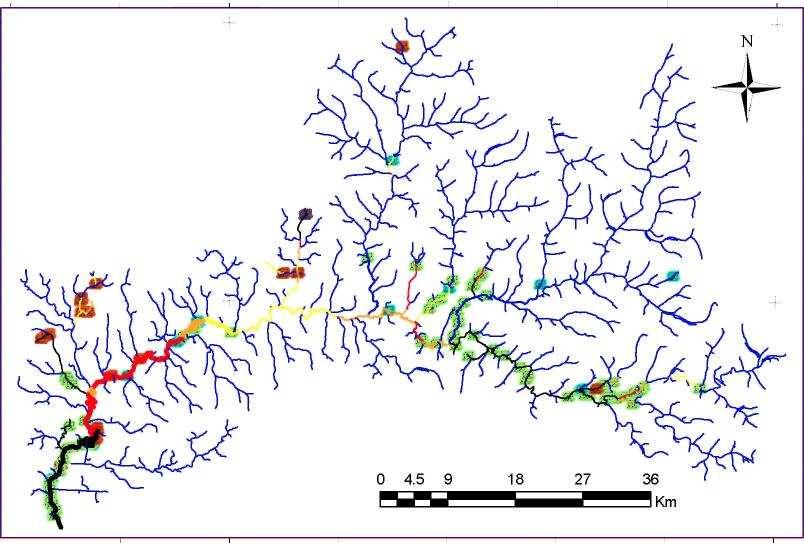 Figura 7.9: Exemplo de resultado do sistema SAD-IPH: mapa de comprometimento da vazão em uma bacia hidrográfica. Na Figura 7.9, os pontos verdes são usuários que retiram água dos rios.