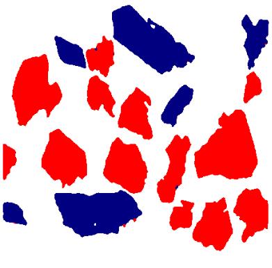 As partículas em azul consistem de hematita e as partículas em vermelho consistem de ganga (quartzo). Tabela V.