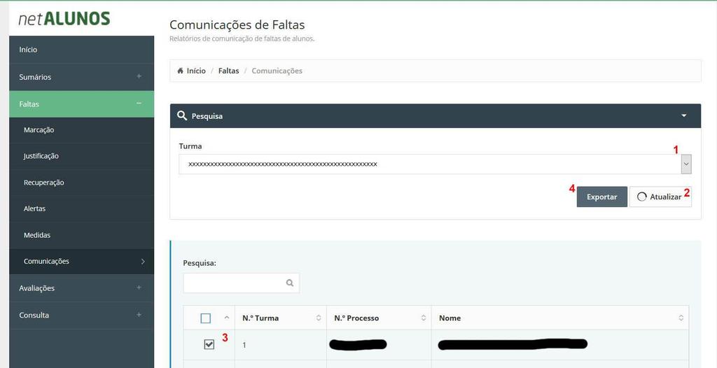 5 - Comunicações (de faltas) Após selecionar a