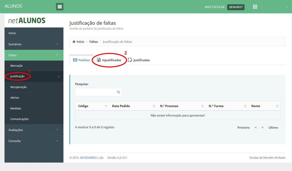 1 - Justificação de Faltas Em netalunos, clique na opção de menu "Faltas" e de seguida na subopção "Justificação".