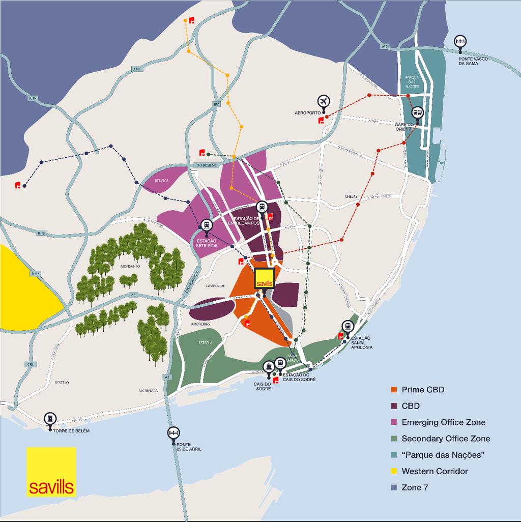 MAPA DE ZONAS MERCADO DE ESCRITÓRIOS DE LISBOA O Mercado de Escritórios de Lisboa está dividido em 6 grandes zonas, de acordo com o seguinte mapa: Zona 1 Prime CBD Zona 2 CBD Zona 3 Zona emergente de