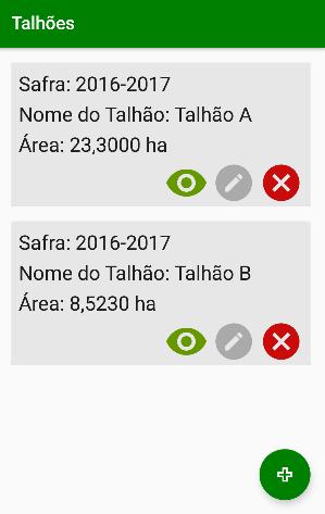 35 Figura 13: Tela de Talhões Listagem de Talhões. Fonte: Autor. 4.1.3 Cadastro de Plantio Para o cadastro do plantio foi desenvolvido também uma tela específica na qual é listado o cadastro de um plantio sobre um talhão.