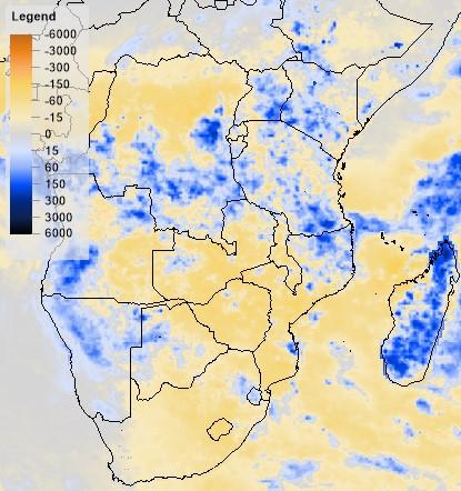 As precipitações acumuladas entre Outubro e Dezembro de 2015, foram abaixo do normal em partes do sul da região (do centro para o sul da Zâmbia), enquanto o sector norte (Tanzânia, norte de Angola e