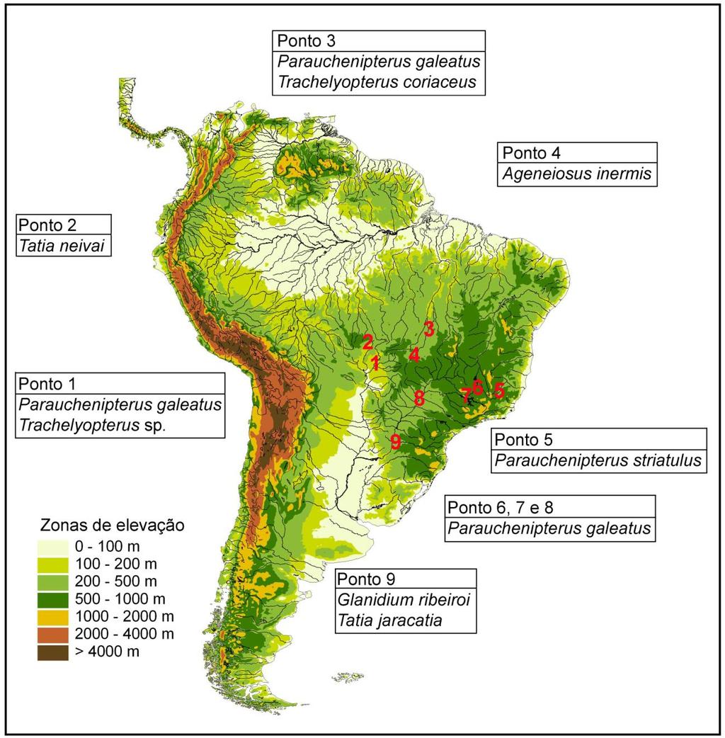 Materiais e Métodos 15 Figura 1 Mapa da América do Sul com os todos os locais de coleta. O ponto 1, Lagoa Arrombado, bacia do rio Paraguai. O ponto 2, rio Machado, bacia do rio Paraguai.