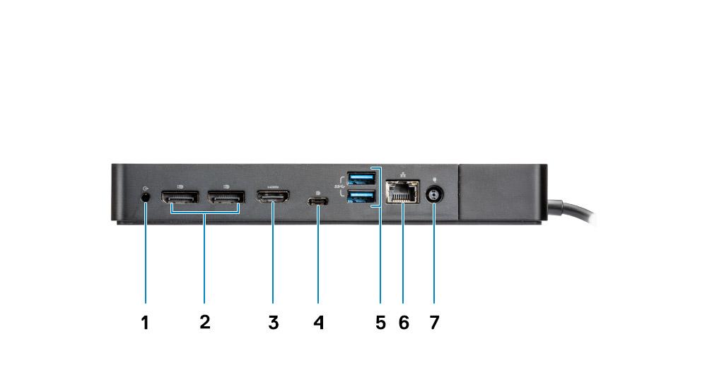 2 Encaixe para cadeado Kensington Figura4. Vista posterior 1 Porta de linha de saída 2 DisplayPort 1.4 (2) 3 Porta HDMI2.0 4 Porta USB 3.