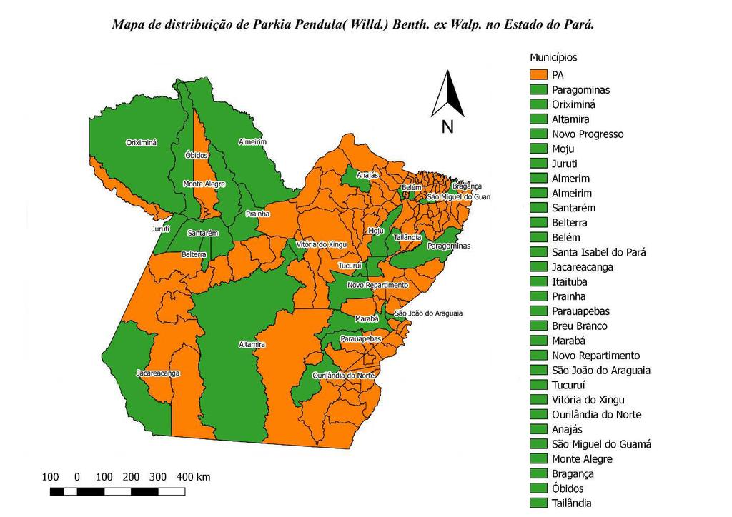 Mapa 1 Localidade do Estado do Pará Fonte: Fonte: specieslink e sistema BRAHMS (IAN), 2016 4.CONCLUSÃO A Parkia pendula, possui ampla distribuição no Estado do Pará.