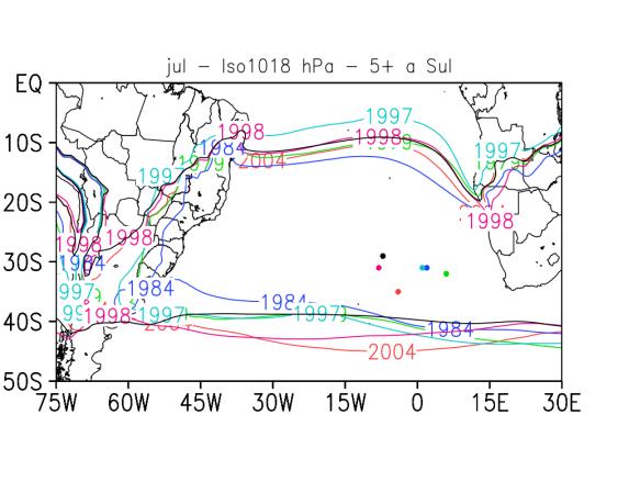 c) g) d) h) a) e) b) f) Figura 1 Climatologia da isóbara de 1018 hpa (1979-2005), em linha contínua preta; Linhas coloridas representam as isóbaras de 1018 hpa com maior deslocamento para norte para