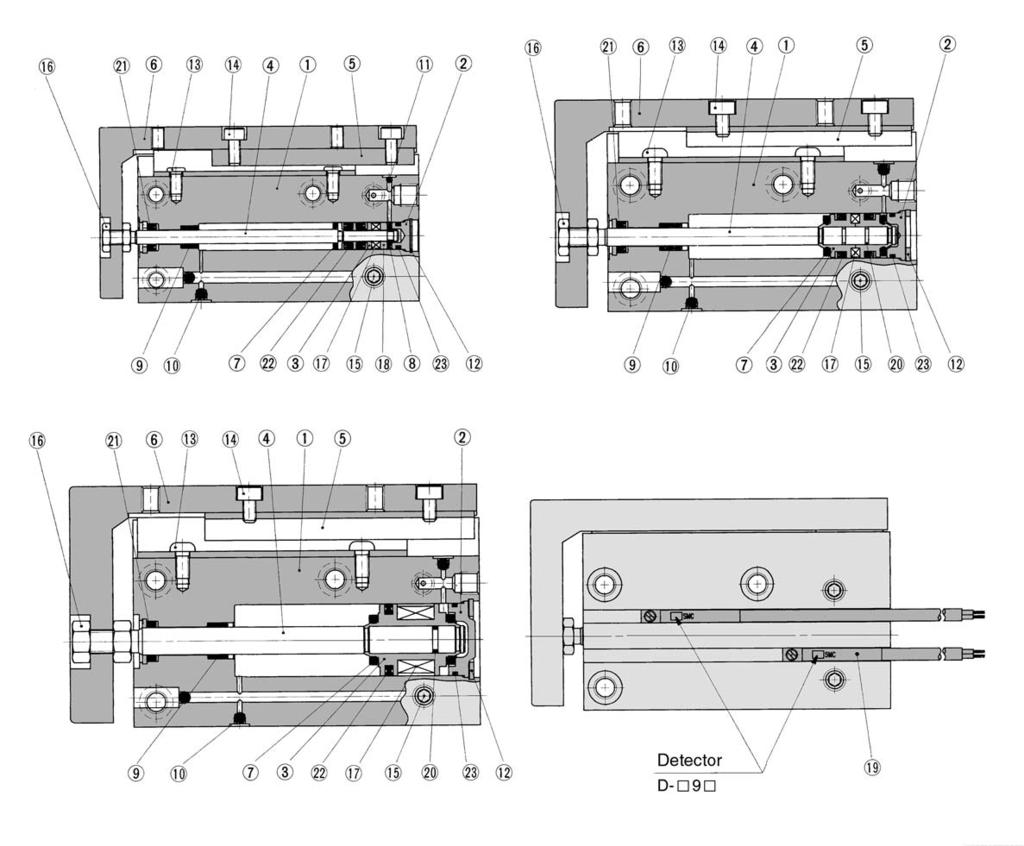 Construção MXU (ø) MXU (ø) MXU1 (ø1) Com detector magnético Listagem de peças Nº Descrição q Corpo do cilindro w Tampa posterior e Êmbolo r Haste t Guia linear miniatura y Mesa u Amortecedor A i