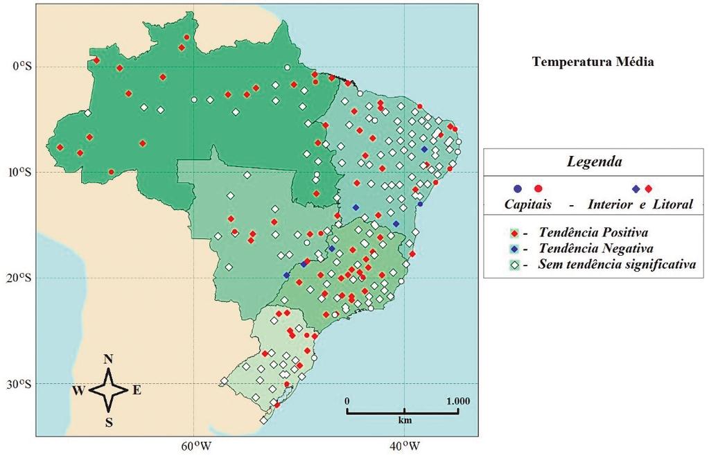 Tendências climáticas em cidades brasileiras 0 S Temperatura média 0 S Capitais Interior e litoral Tendência positiva Tendência negativa Sem tendência significativa 20 S 30 S 0 60 W.