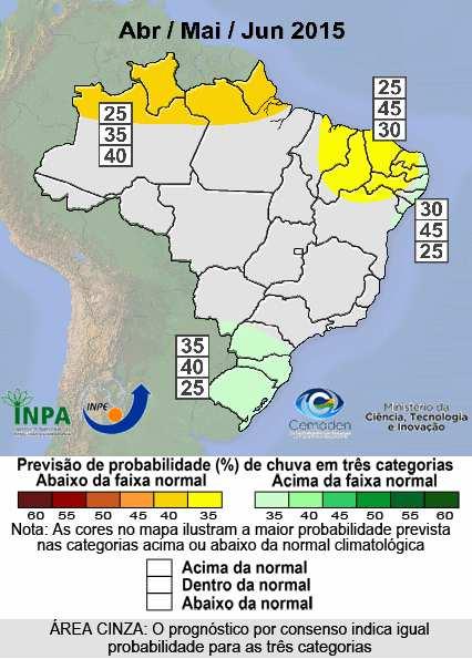 4. Previsão para abril-maio-junho de 2015 2 A previsão por consenso para o trimestre de abril a junho de 2015 indicou maior probabilidade dos totais pluviométricos sazonais ocorrerem na categoria