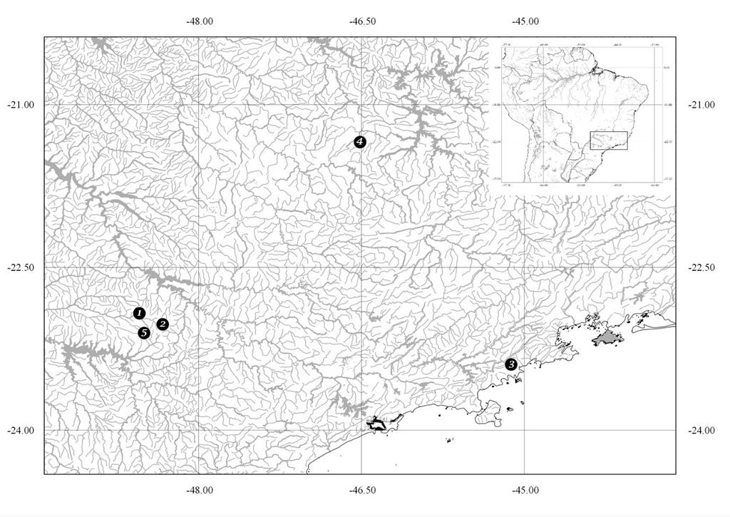 Materiais e Métodos 8 Figura 1. Mapa indicando os locais de coleta de espécies e populações de Trichomycterus.