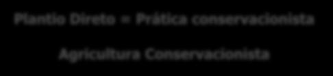 Plantio Direto = Prática conservacionista Agricultura Conservacionista O não revolvimento e a palha na superfície do solo da cultura anterior (monocultivo de soja com pousio no outono/inverno ou